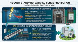 Layered surge protection strategy using whole-home SPD and point-of-use power strips.