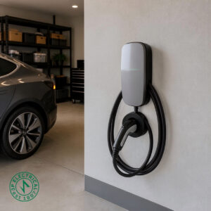 level 2 EV charger on wall in garage